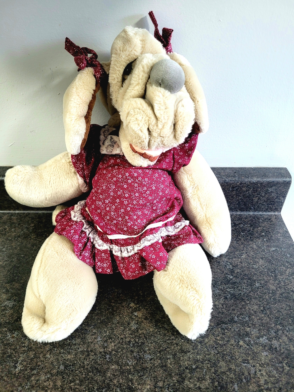 Vintage 1981 Ganzbros Plush Dog in Burgundy Dress